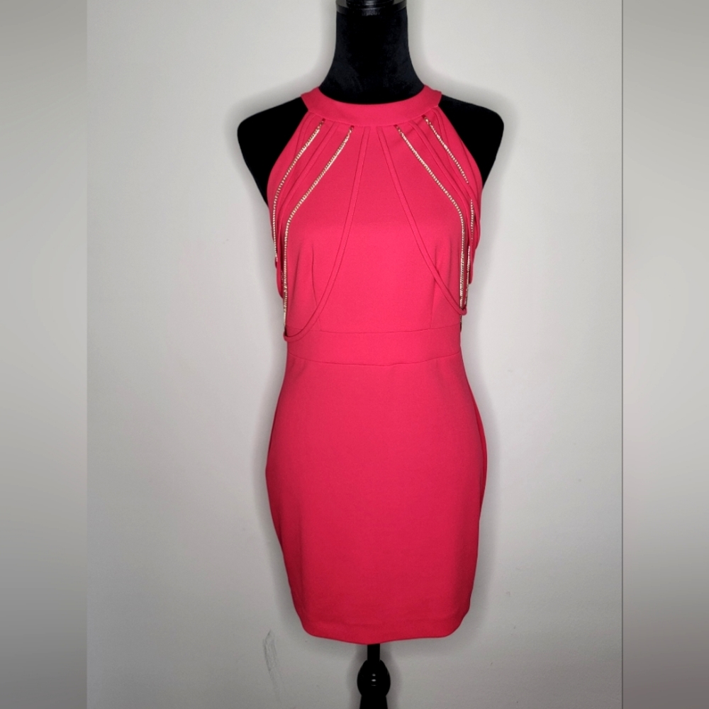 Rinascimento Neon Pink Sleeveless Bodycon Type Dress with Chains detailing